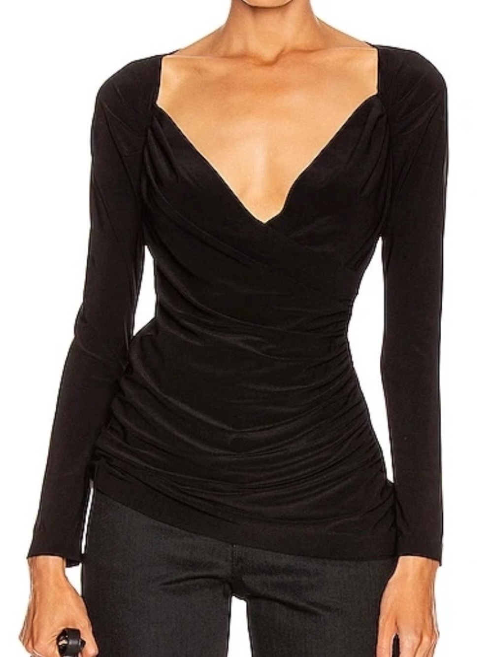 Norma Kamali Sweetheart Side Drape Jersey Long Sleeve Blouse Top, Size XS